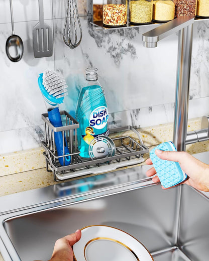 Consumest Sink Caddy, Kitchen Sponge Holder with Dish Brush Holder, Kitchen Organizer with Drip Tray for Countertop, Stainless Steel Rustproof - Silver