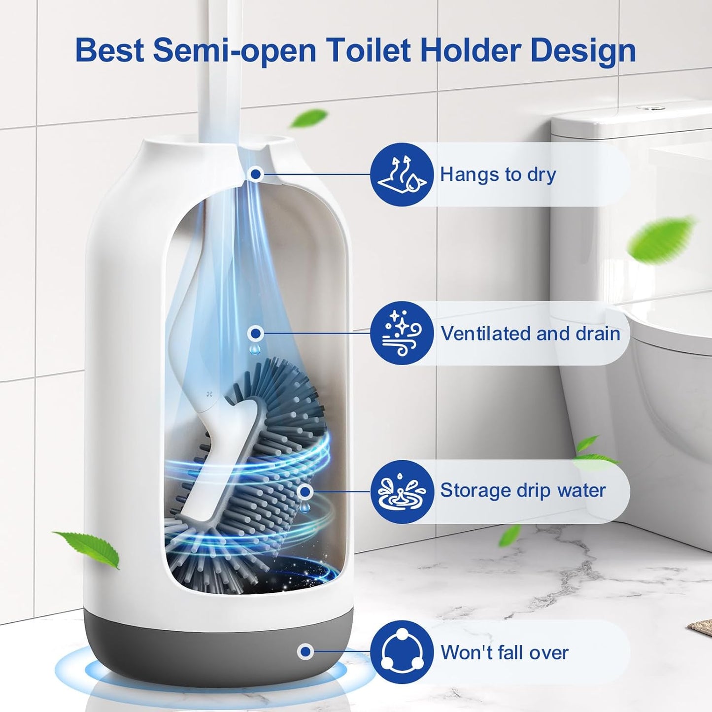 HAMITOR Toilet Bowl Brush Holder Set: Deep Cleaning Silicone Toilet Cleaner Scrubber Under Rim with Curved Bristle for Bathroom Dead Corner Clean - Modern Rv Toilet Decorative Accessories - Gray