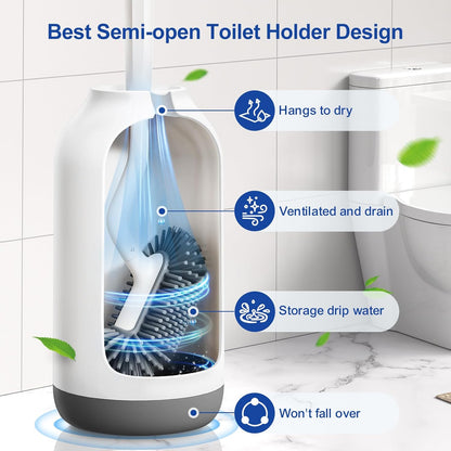 HAMITOR Toilet Bowl Brush Holder Set: Deep Cleaning Silicone Toilet Cleaner Scrubber Under Rim with Curved Bristle for Bathroom Dead Corner Clean - Modern Rv Toilet Decorative Accessories - Gray