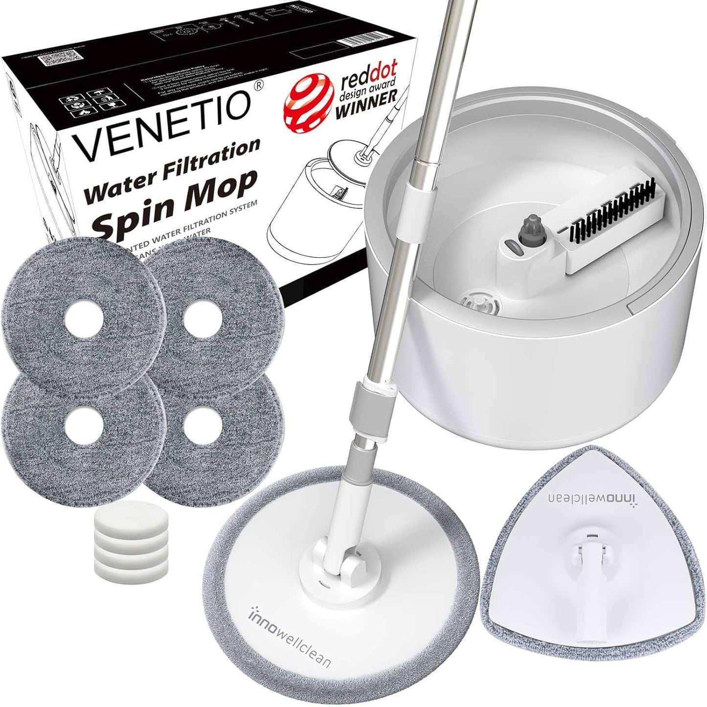 VENETIO Innowellclean Microfiber Spin Mop and Bucket Set with Patented Water Filtration System - Deep Self Cleaning/Dry/Wet All-In-One Floor Mop for Home Hardwood, Tile - Ideal for Pet Owners (2 Pads)