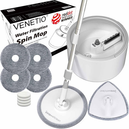 VENETIO Innowellclean Microfiber Spin Mop and Bucket Set with Patented Water Filtration System - Deep Self Cleaning/Dry/Wet All-In-One Floor Mop for Home Hardwood, Tile - Ideal for Pet Owners (2 Pads)