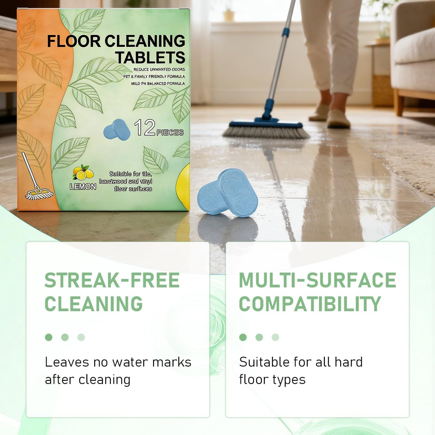 Floor Cleaner Tablets Hard Floor Cleaner Tablets, Pre-Measured Dissolvable Cleaning Solution for Hardwood Laminate Tile Bathroom Kitchen (36PCS)