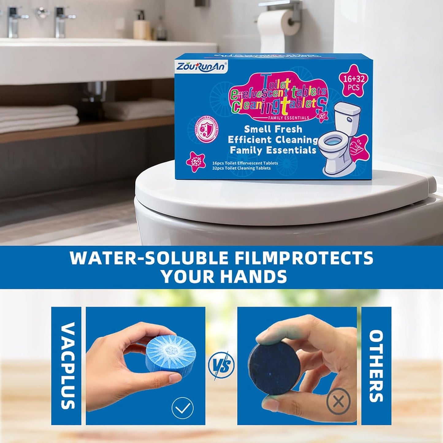 2-in-1 Toilet Cleaning Tablets (48 Pack) - 16 Effervescent Toilet Bowl Stain Remover and 32 Blue White Toilet Tank Cleaner Tablets - Limescale Removal for Septic System