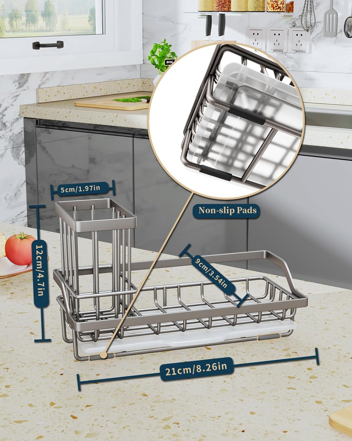 Consumest Sink Caddy, Kitchen Sponge Holder with Dish Brush Holder, Kitchen Organizer with Drip Tray for Countertop, Stainless Steel Rustproof - Silver