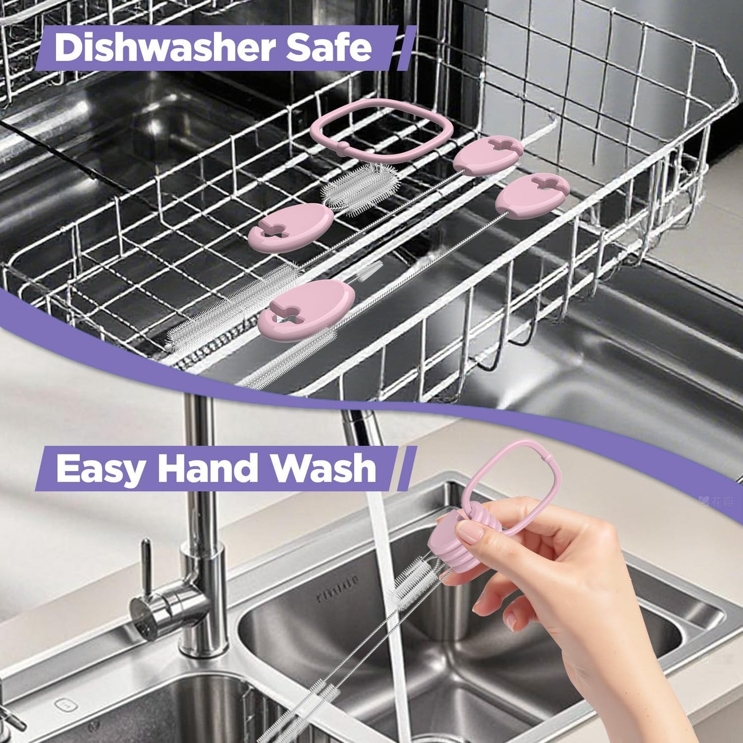 Straw Cleaner Brush Set for 𝗦𝘁𝗮𝗻𝗹𝗲𝘆, Baby Bottles and Sippy Cups,4 in 1 Standing & Hanging Cleaning Set with Holder Ring – Reusable Cleaner for Cup Lids, Spouts and More.(Purple)