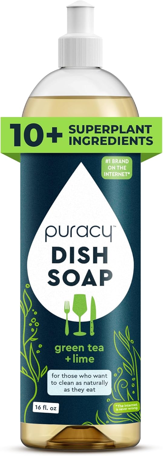 Puracy Natural Dish Soap Packs- Skin-Softening Plant-Based Dishwashing Soap, Non-Toxic Dish Soap, Organic Liquid Dishwashing Detergent Soap (Green Tea & Lime, 16 fl oz, 3 Pack)