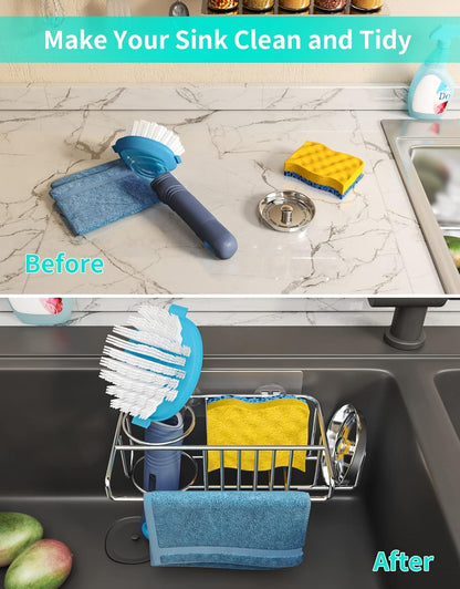 HapiRm 4 in 1 Kitchen Organizers and Storage, SUS304 Stainless Steel Brush Holder + Dish Cloth Hanger + Soap Rack + Sink Stopper Rack, No Drill Kitchen Essentials - Black