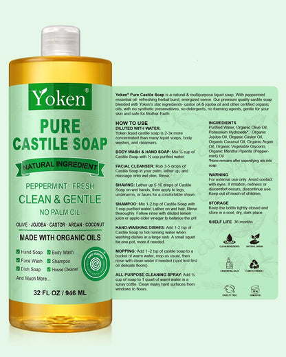 Yoken Castile Soap Liquid EWG Verified(1 Gallon, Unscented) Pure-Castile Liquid Soap for Body, Face, Hand, Pets, Laundry, Dish Soap and More - Made With Organic Oil, Vegan, Clean & Gentle, Versatile