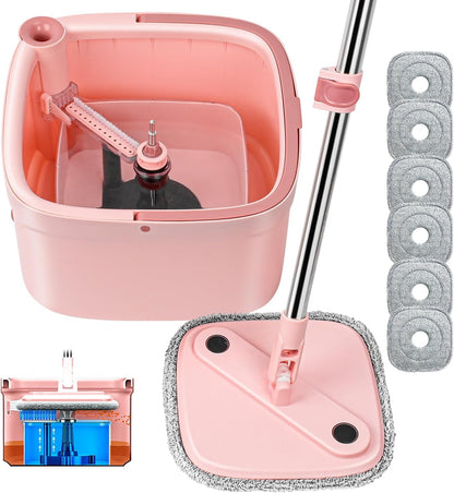 Upgraded Spin Mop and Bucket System Set, Self Separate Clean and Dirty Water, Foldable Square Standing Mop Head with Microfiber Mop Pads, Detachable Bucket (White+Blue, Mop Set with 6PC Pads)