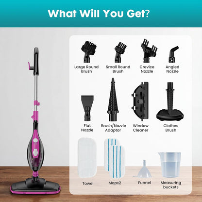 OLIXIS 10-in-1 Steam Mop, 1550W Detachable Handheld Steam Cleaner for Floor Cleaning, 16FT Cord, 2 Washable Pads, Multi-Purpose Floor Steamer for Hardwood, Carpet, Tile, Grout, Windows, White Green