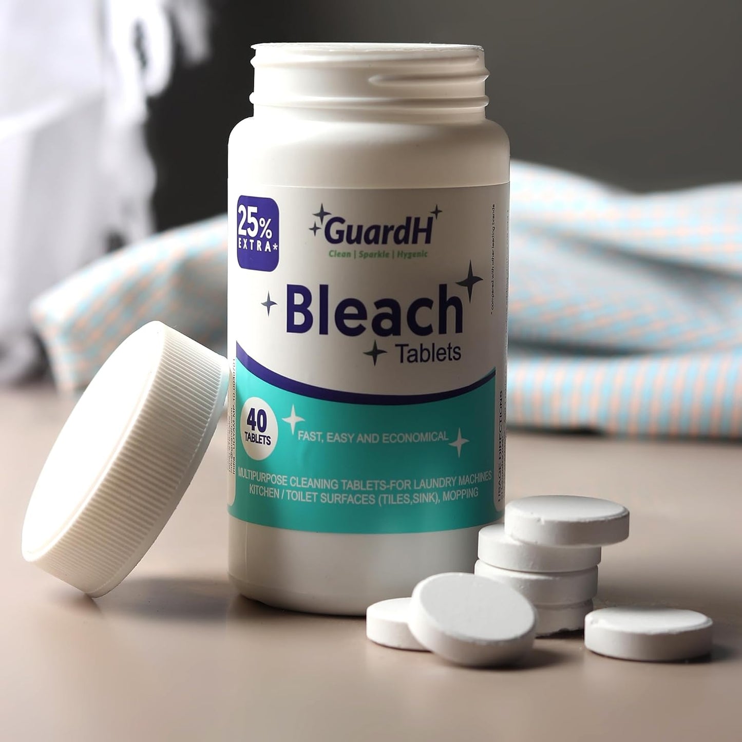 GuardH Bleach Tablets 40 Count – Multipurpose Cleaning Tablets for Laundry, Toilet Bowl, Bathroom Tile and Kitchen Surfaces – Liquid Bleach Alternative, Fast Dissolving Formula