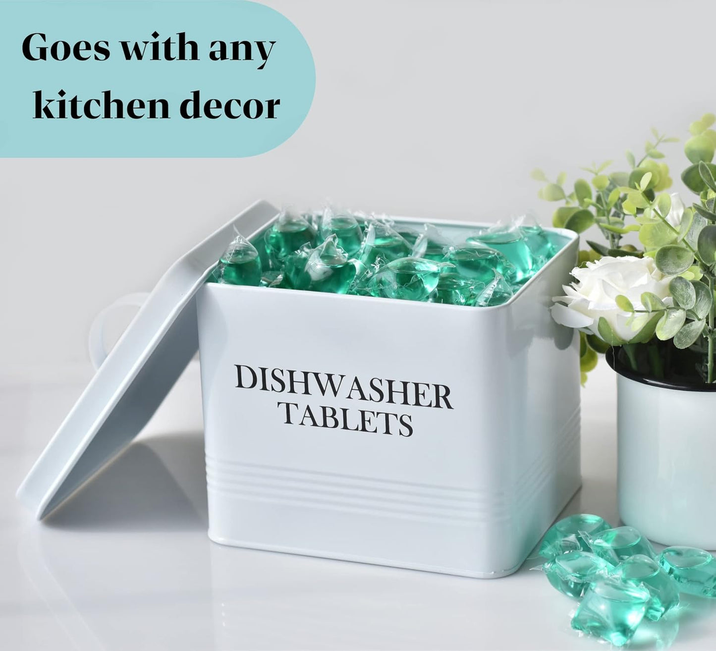 Farmhouse Dishwasher Pods Container with Lid – Metal Dishwasher Pod Holder for Kitchen Organization, Dish Pods Storage Box Holds Over 100 Pacs