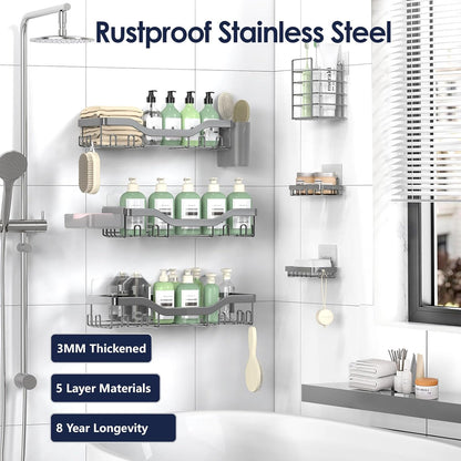 NESOMI Shower Caddy Adhesive Shower Organizer 7-Pack, Rustproof Stainless Steel Bathroom Shelves, Large Capacity No-Drill Rack Storage Accessories with Soap Dish Toothbrush Holder &24 Hooks Home Decor