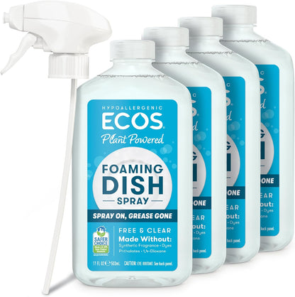 ECOS Foaming Dish Soap, Powerful Spray-On Formula, Saves Water, Wipe & Rinse Dish Cleaner - Hypoallergenic - Free & Clear, 17 Fl Oz (Pack of 4)
