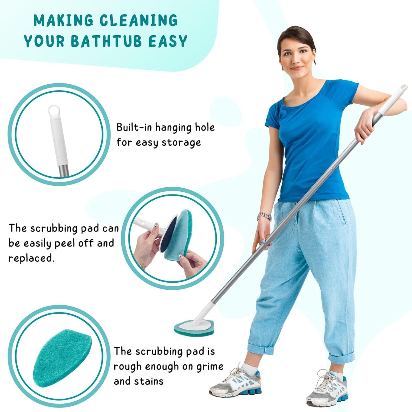 Shower Scrubber, Bathroom Tub and Tile Cleaner Brush with Long Handle, 47'' Bathtub Cleaning Tool with 6 Refill Pads
