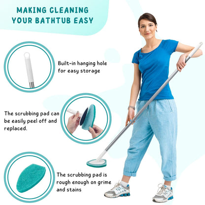 Shower Scrubber, Bathroom Tub and Tile Cleaner Brush with Long Handle, 47'' Bathtub Cleaning Tool with 6 Refill Pads