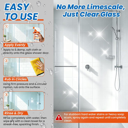 Shower Glass Cleaner – Hard Water Stain Remover Removes Limescale & Soap Scum for Bathroom Glass Doors, Shower Doors, Windows, Mirrors & Tiles – Streak-Free Instant Shine, 200ml/7oz