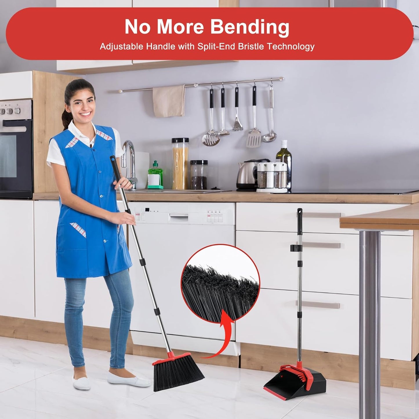 Tiumso Upgrade Broom and Dustpan Set, Broom with Dustpan Combo Sets, Large Brooms and Dust Pan with Handle, Self-Cleaning Dust Pans, Heavy Duty Broom and Dustpans Set for Lobby Kitchen Office - Green