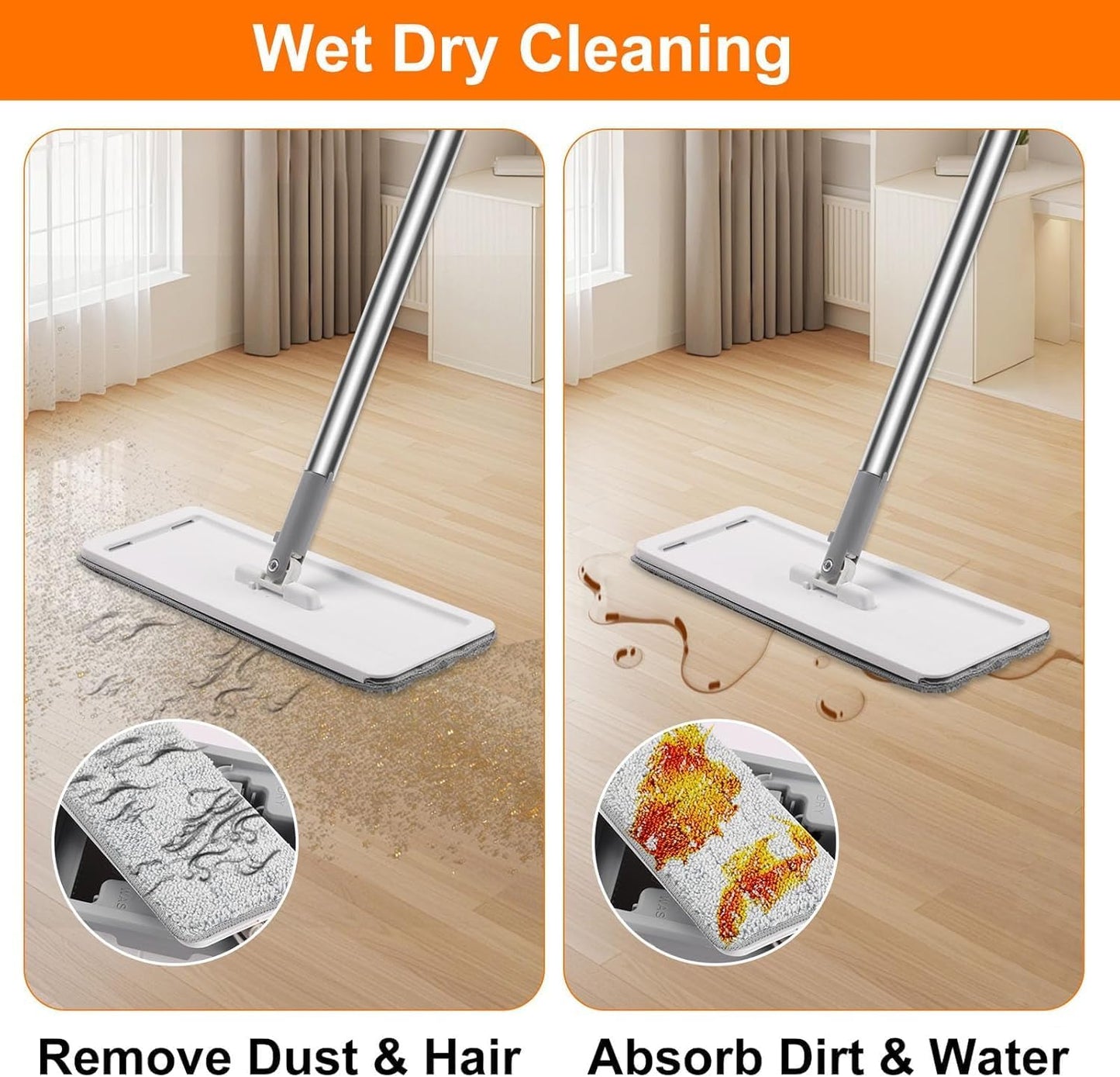 Flat Floor Mop and Bucket Set with Wringer, Flat Mops for Floor Cleaning, Wall Mop Cleaner with Long Handle, Hardwood Floor Mop with 3 Microfiber Pads (F)