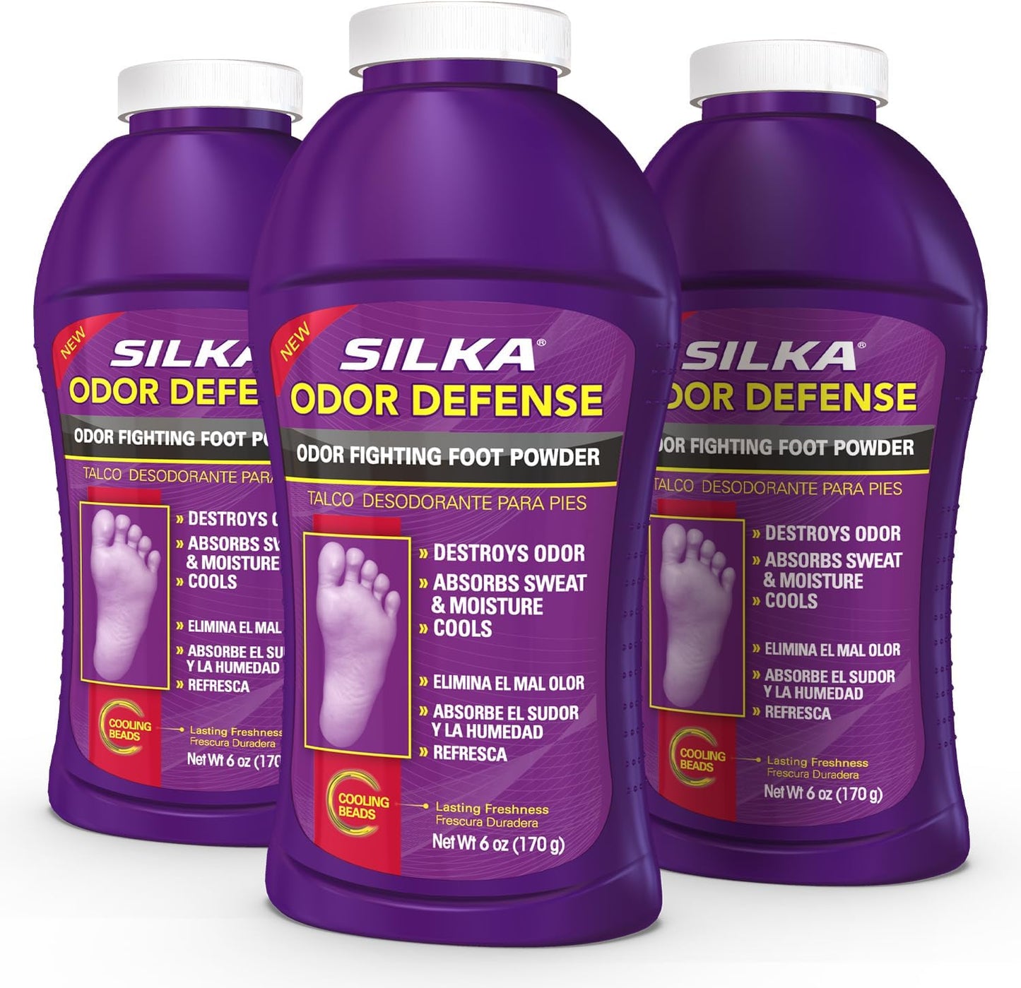 SILKA Odor Fighting Foot Powder & Shoe Deodorizer with Corn Starch Powder, Talc & Cooling Beads for Lasting Freshness, Absorbs Sweat & Excess Moisture, 6 Oz