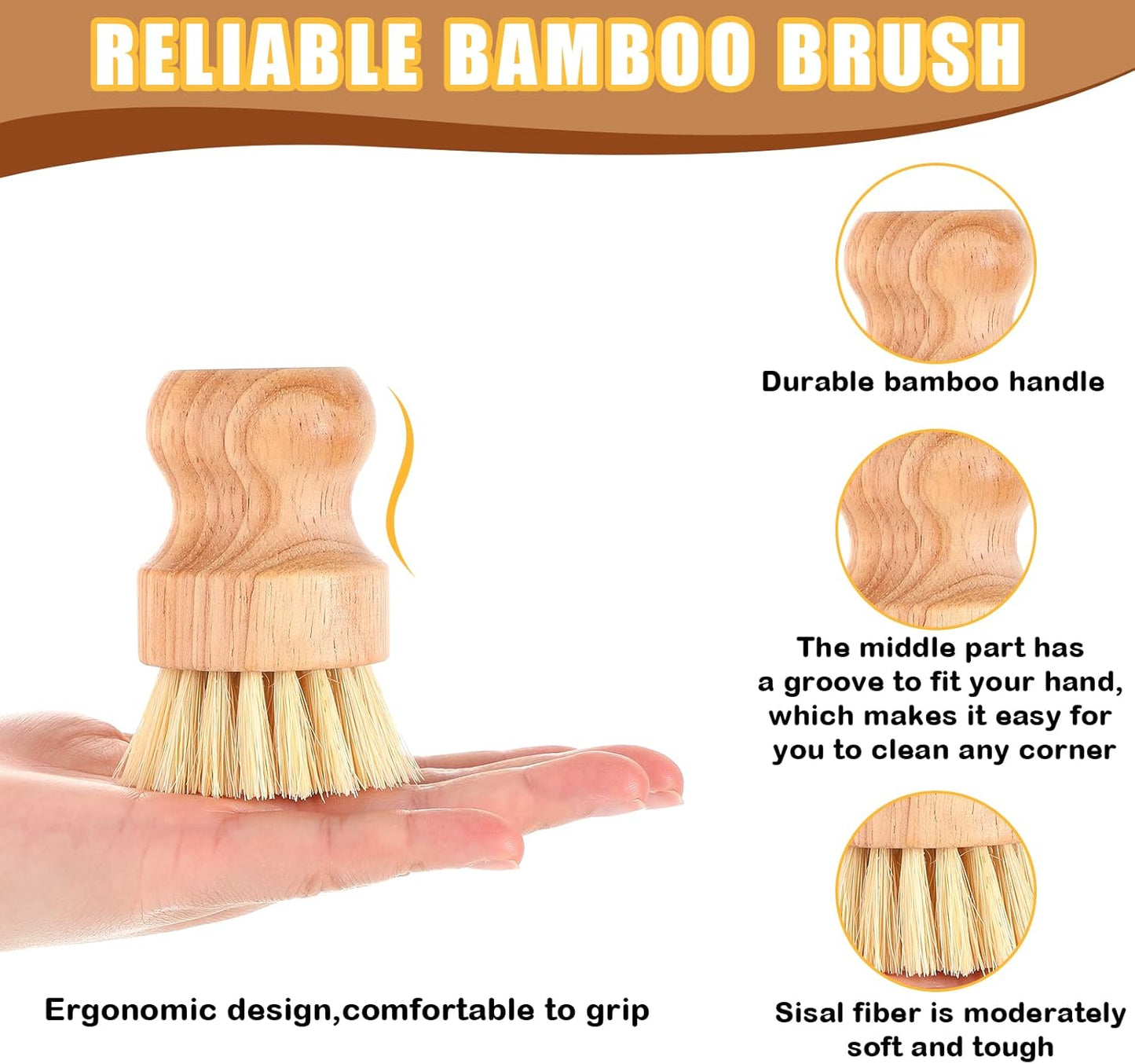 Nuenen 12 Packs Bamboo Dish Scrub Brushes Wooden Scrubbers Set Kitchen Dishwashing Scrubber with Natural Sisal Bristles for Iron Pot Pan Sink(Sisal)