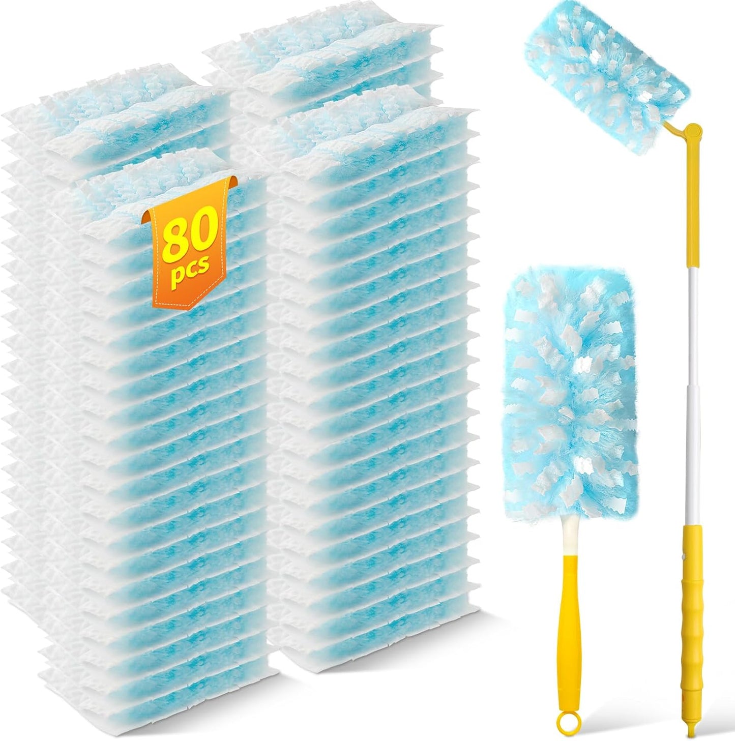 80 Count Duster Refills with 1 Short Handle & 3 ft Extendable Handle, Compatible with Swiffer Duster, 180° Disposable Microfiber Cleaning Dusters, Unscented