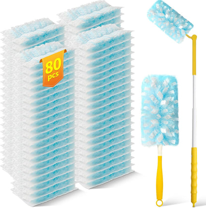80 Count Duster Refills with 1 Short Handle & 3 ft Extendable Handle, Compatible with Swiffer Duster, 180° Disposable Microfiber Cleaning Dusters, Unscented