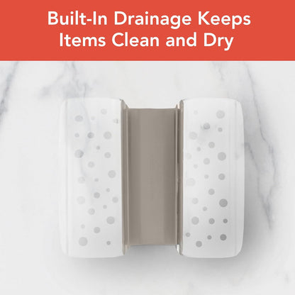 Spectrum Sink Saddle for Kitchen Sink Warm Gray Clear Sponge and Brush Holder Organizer, Dish Brush and Sponges Plastic Saddle Caddy for Double Sink Storage with Drain Holes for Quick Drying