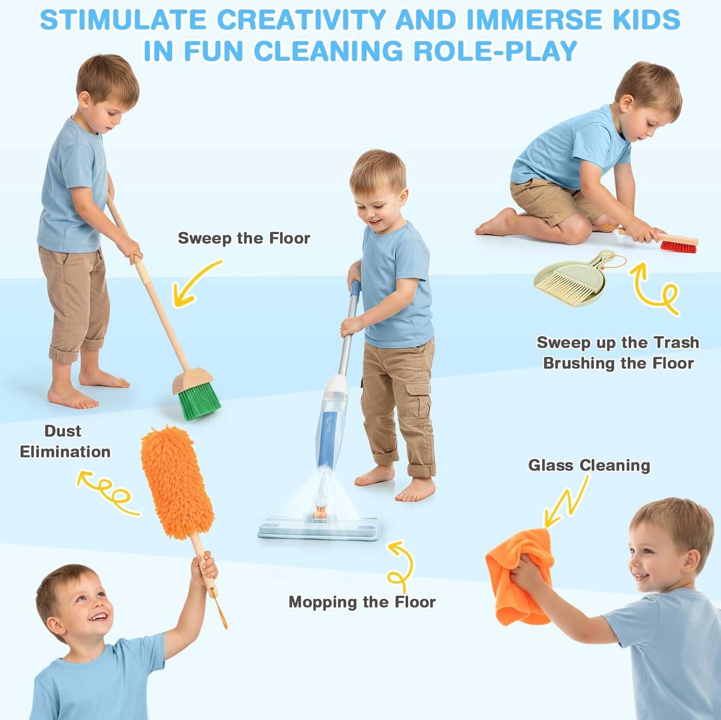 Dreamon Kids Spray Mop - Real Working Toddler Cleaning Set with Water Sprayer & 3 Washable Mop Pads & Scraper, Pretend Play Montessori Housekeeping Toys Gifts for Toddlers Kids Girls Boys(Blue)