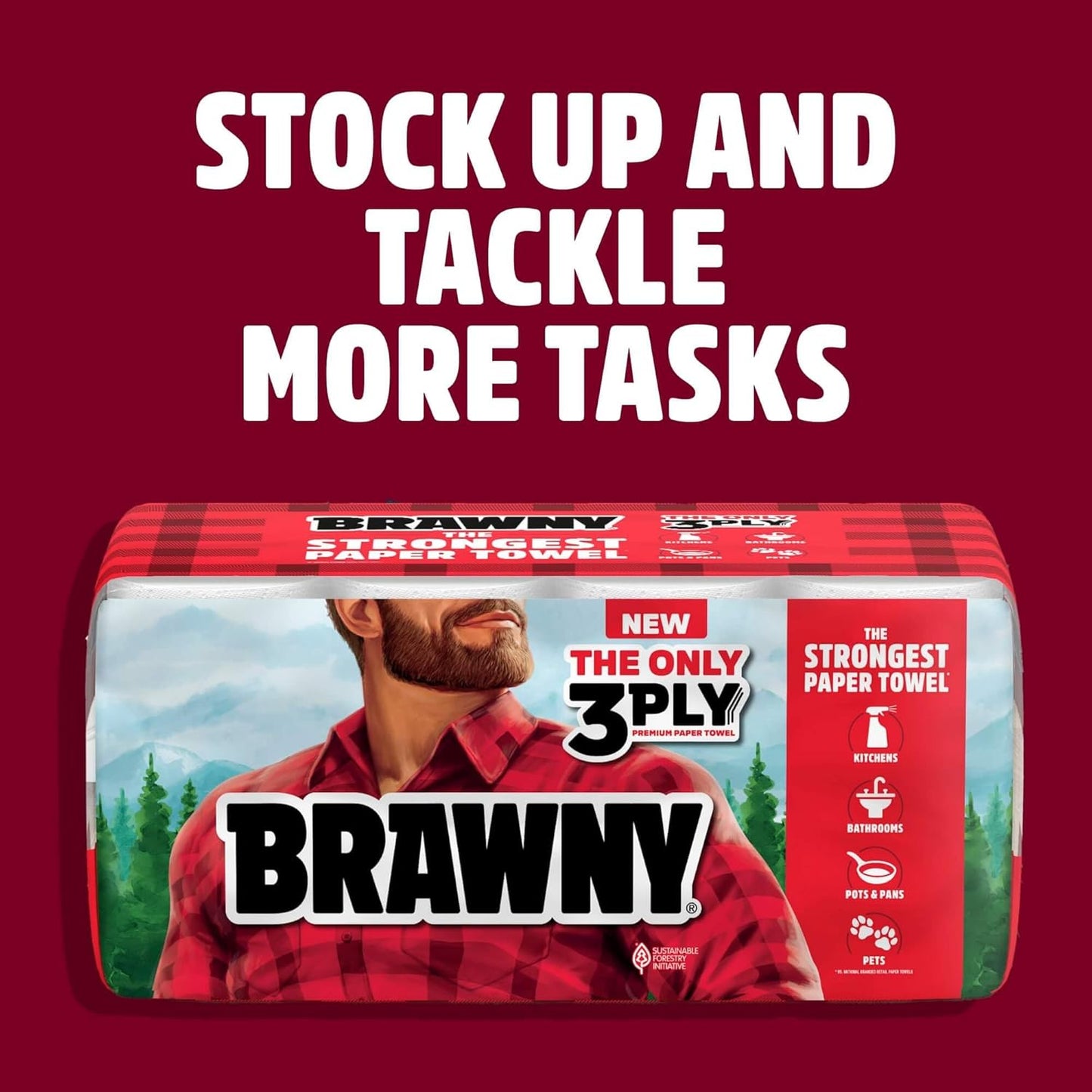 Brawny Tear-A-Square 3-Ply Paper Towels, 6 Double Rolls = 12 Regular Rolls, Strong, Absorbent, and Durable with 3 Sheet Sizes (Quarter, Half, Full)