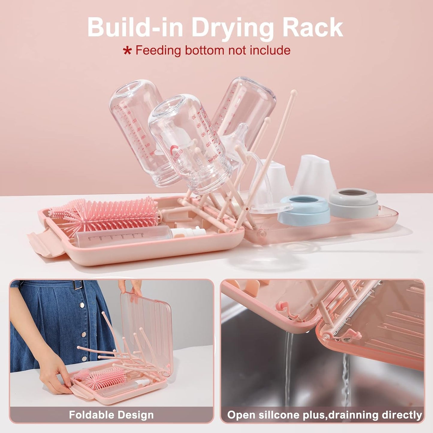 Baby Bottle Brush,6 in 1 Bottle Cleaner Set with Extendable Silicone Bottle Brush,Drying Rack,Nipple & Straw Brushes,Soap Dispenser & Organizer Case,Ideal Gifts for Babies& Moms