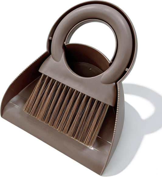 Mini Broom and Dustpan Set with Round Handle, Compact Small Hand Broom with Soft Bristles for Kitchen Counter, Desk, Drawer, Pet Area & Car Interior, Space-Saving Portable Cleaning Tool (Coffee)