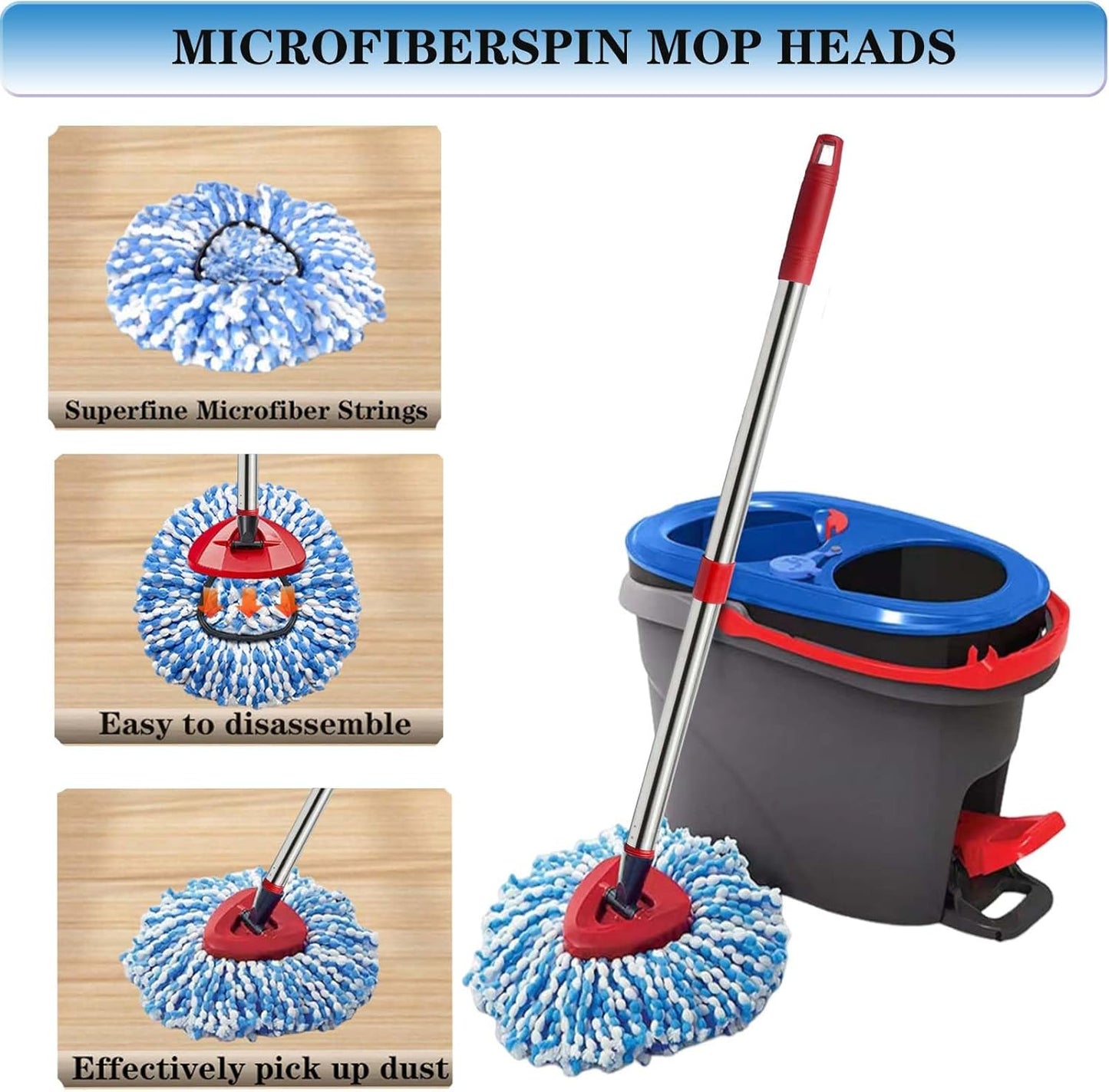 Spin Mop Replace Heads for O Cedar Rinse Clean 2 Tank System, Spin Mop Replacement Head 4 Microfiber Mop Refills, 1 Triangle Head Cover and 30-58in Handle 1 1Scrub Brush