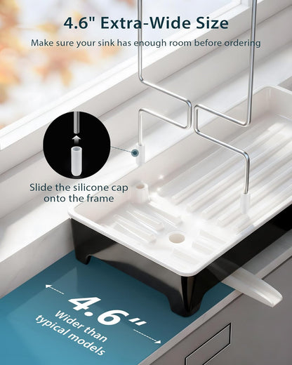 Minimalist Sink Caddy, Rustproof Sponge Holder for Kitchen Sink with 304 Stainless-Steel Brush Holder, Countertop Rack Organizer with Raised Ridges & Silicone Drain Tube (Mint Green, Large)