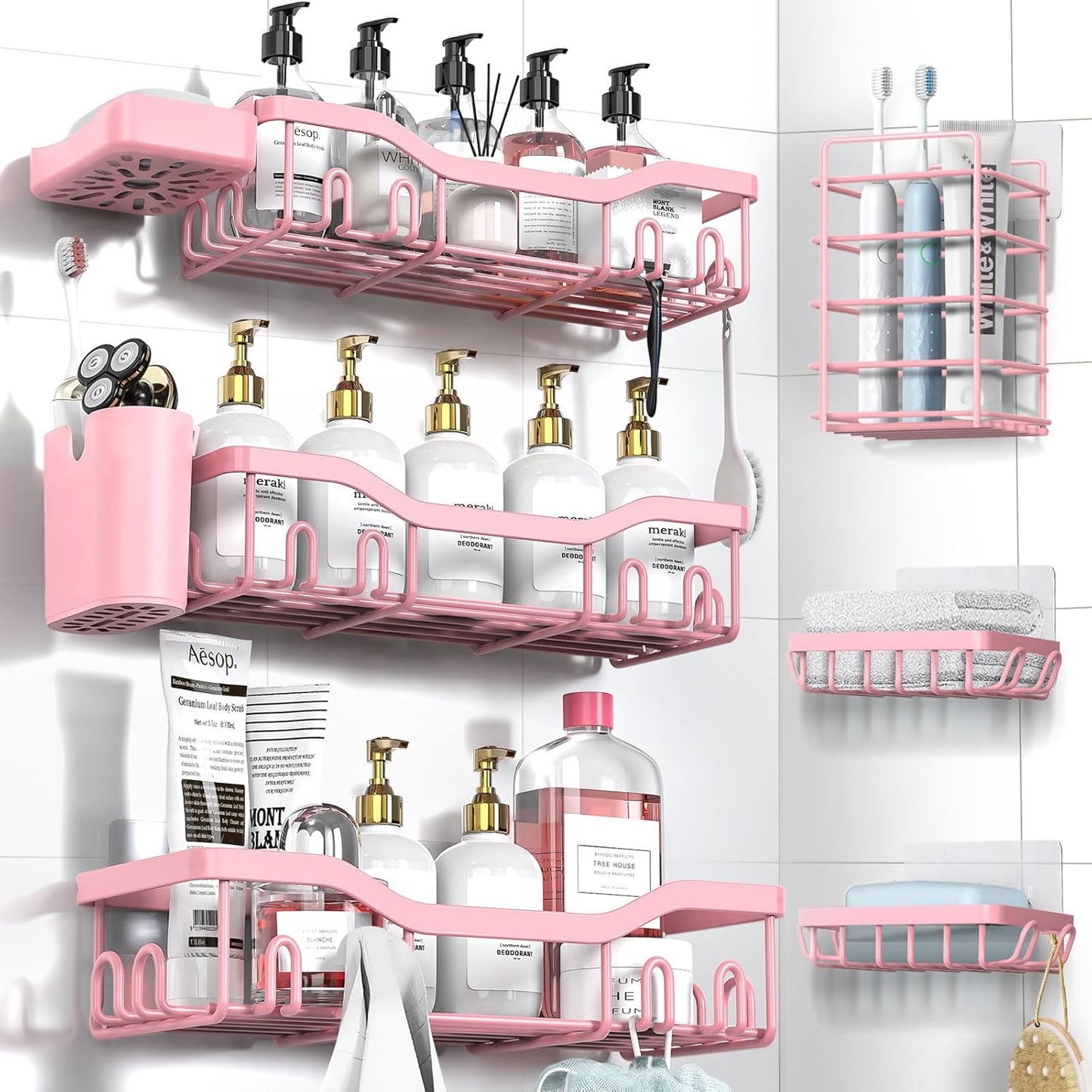 NESOMI Shower Caddy Adhesive Shower Organizer 7-Pack, Rustproof Stainless Steel Bathroom Shelves, Large Capacity No-Drill Rack Storage Accessories with Soap Dish Toothbrush Holder &24 Hooks Home Decor