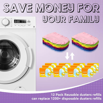 Reusable Duster Refill Compatible with Swiffer, 360 Heavy Duty Duster Refills Only, Washable Duster Pads for Swiffer Duster 3ft 6ft Extended Handle for Cleaning, 12 Pack (Handle is Not Included)