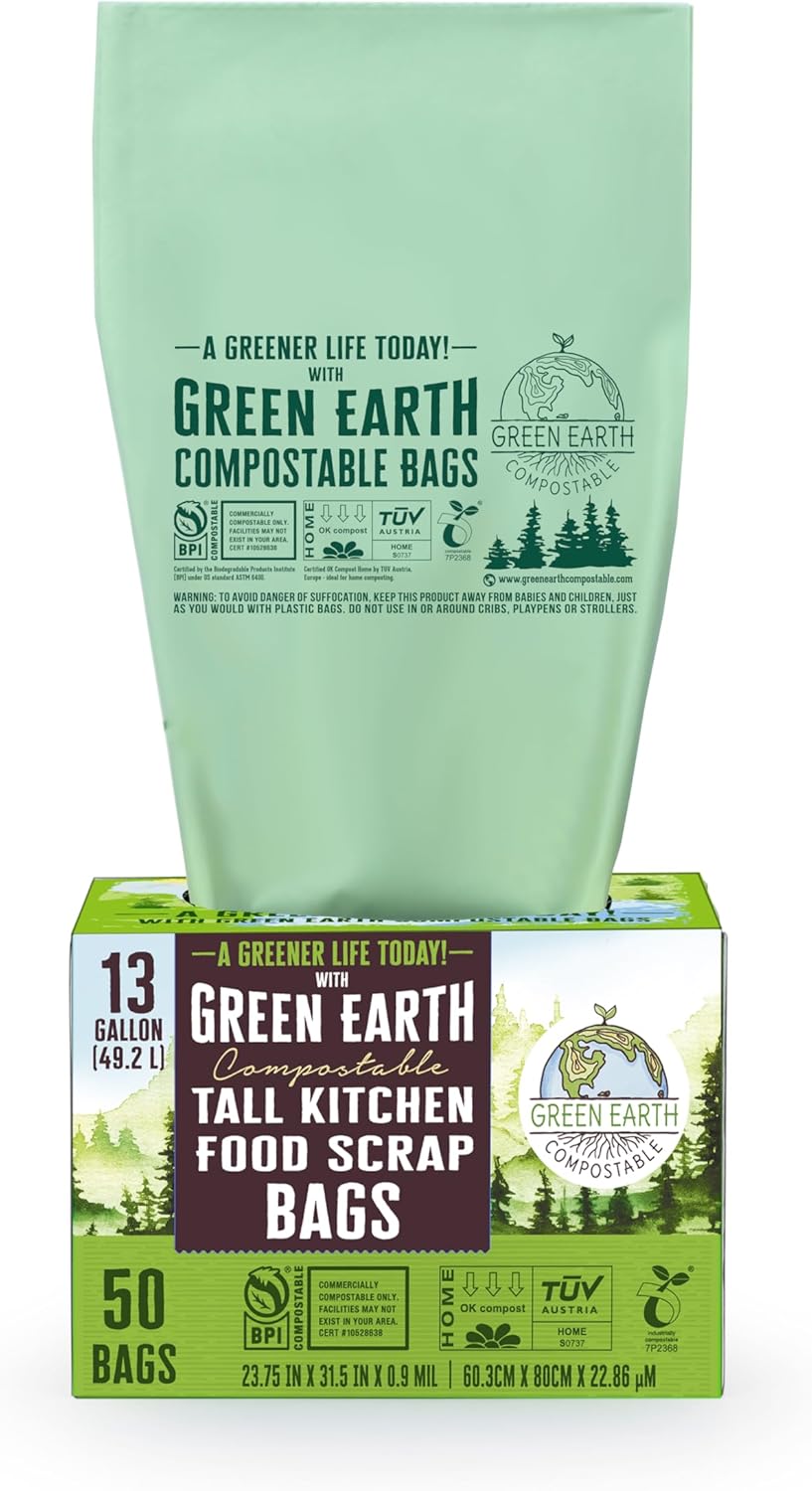 Green Earth Compostable Tall Kitchen Food Scrap Trash Bags, Superior Strength 0.9 Mil, Compost Bin Compatible, 13 Gallon, 49 Liter, 50-Count, ASTM D6400, BPI (US) & OK Compost Home (EU) Certified