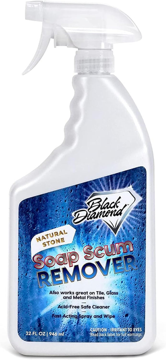 Black Diamond Stoneworks Natural Stone Shower Soap Scum Remover Spray. For Cleaning Bathtubs, Glass Doors, Tubs, Travertine, Marble, Tile. Heavy Duty, Safe Acid-Free Cleaner. Safe for fixtures.
