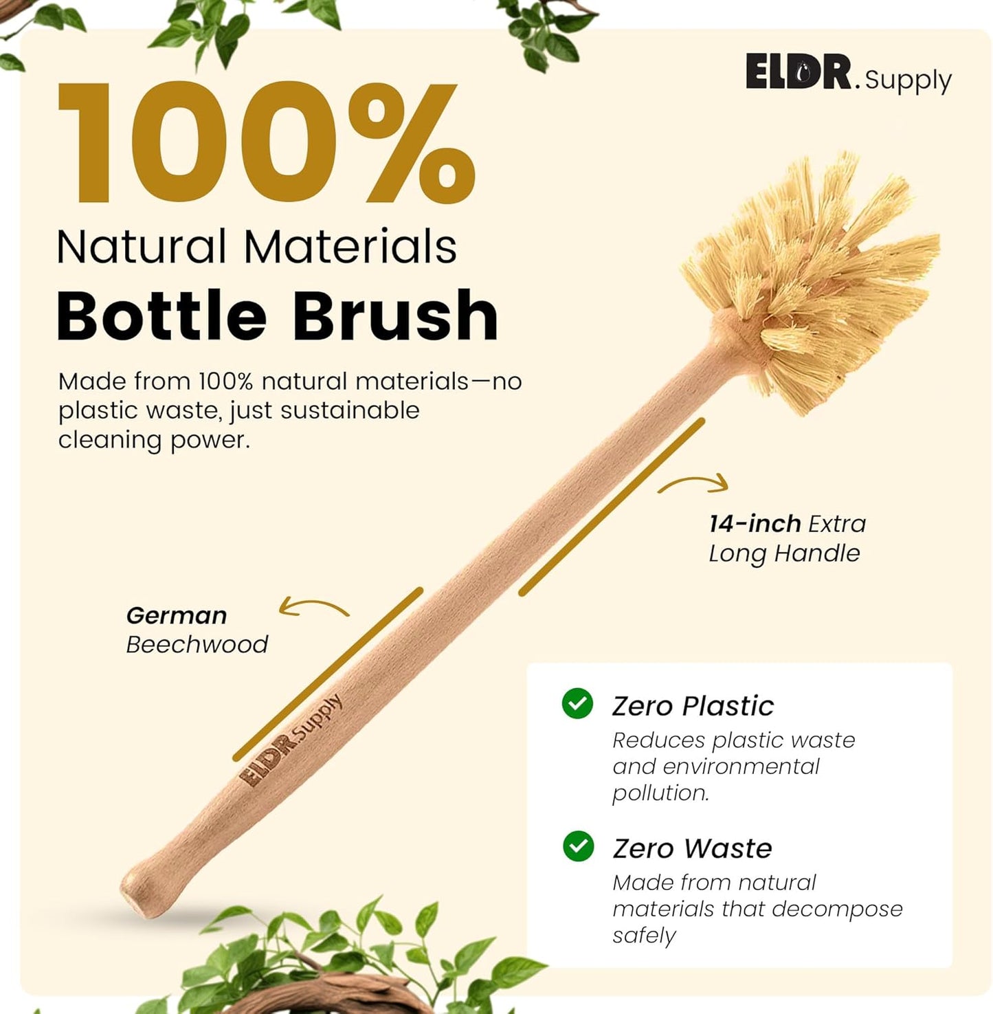 ELDR Supply Bottle Brush, 14in Extra Long German Beechwood Handle, Strong Hemp Bristles, Zero Waste, Cleans and Scrubs Hard to Reach Wide Mouth Jars, Glasses, and Tumblers