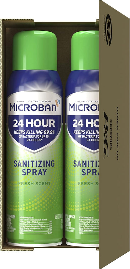MICROBAN Sanitizing Spray, 15 oz., 2 Pack, Fresh Scent, Disinfects, Sanitizes, Eliminates Odors, and Keeps Killing 99.9% of Bacteria on Hard, Non-Porous Surfaces in Home for up to 24 Hours