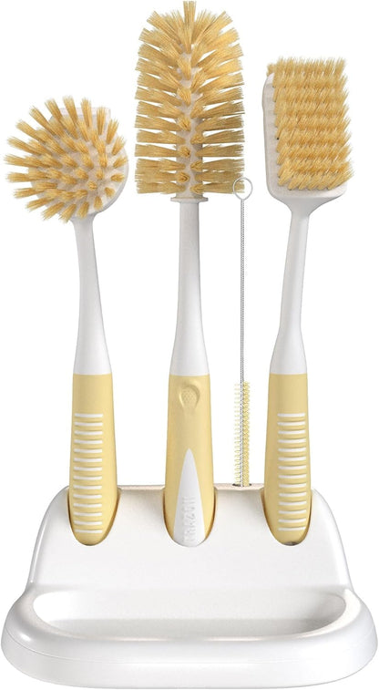 Dish Brush Set of 5 with Holder - Kitchen Scrub Brushes with Non-Slip Long Handle for Cleaning, Scrubber, Dishwashing, Dishes, Bottles, Straws, Cups, Pots & Sink, Black