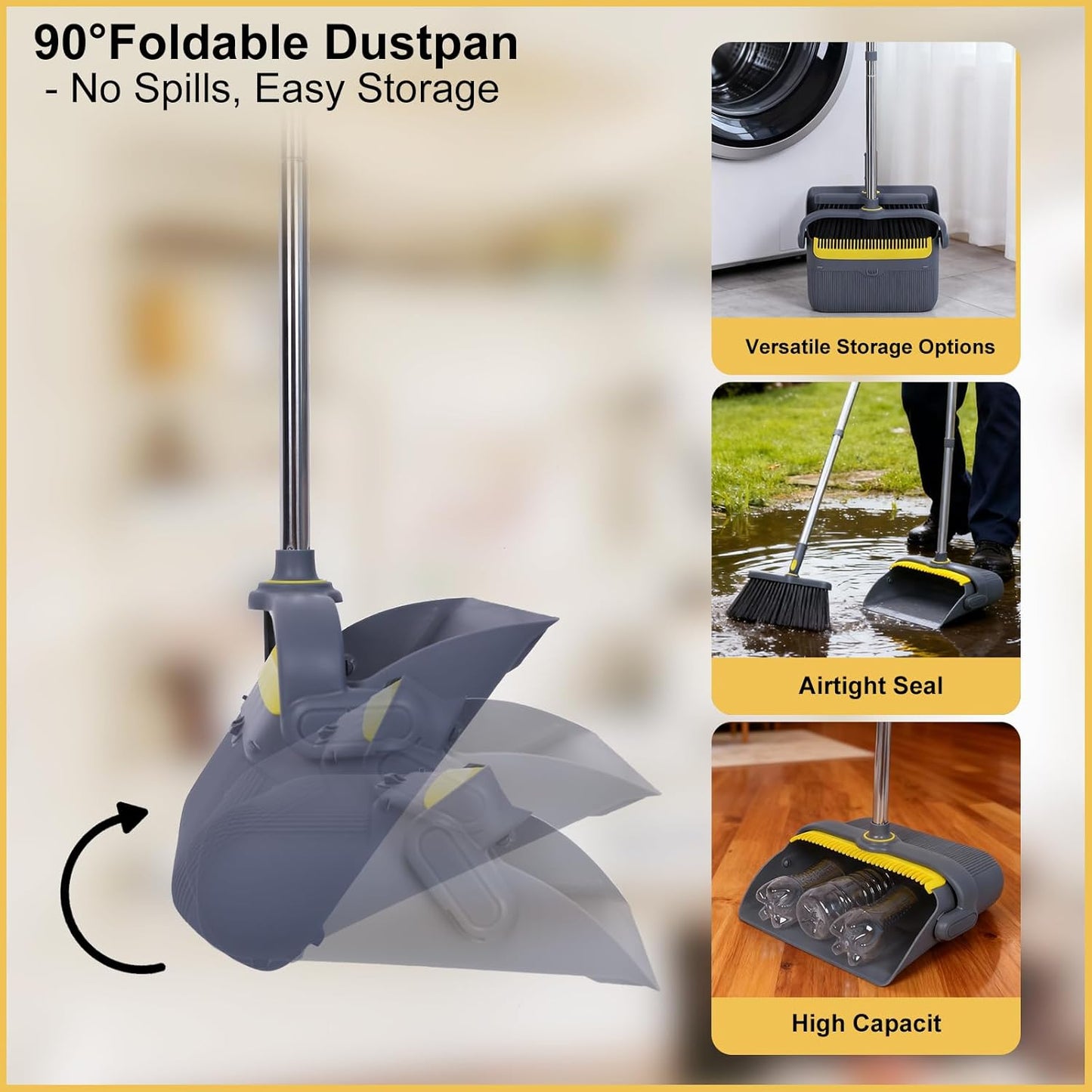Heavy Duty Broom and Standing Dustpan Combo Set, Rotatable Head Dust Pan and Brush Set with Collapsible Handle, Cleaning Teeth, Hanging Loop, Ideal for Pets, RV, Kitchen, Camping, Outdoor Floor, White