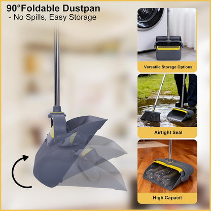 Heavy Duty Broom and Standing Dustpan Combo Set, Rotatable Head Dust Pan and Brush Set with Collapsible Handle, Cleaning Teeth, Hanging Loop, Ideal for Pets, RV, Kitchen, Camping, Outdoor Floor, White