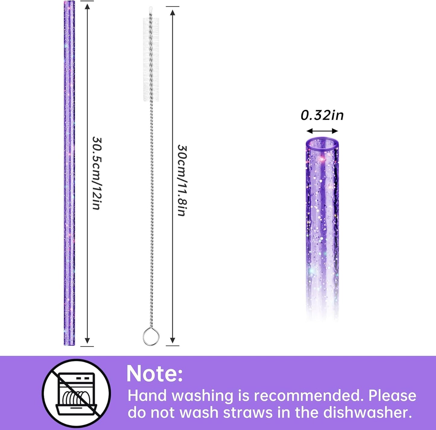 NiHome 12-Pack Glitter Replacement Straws for Stanley Tumbler 40OZ & 2 Cleaning Brushes Set, 12" Length BPA-Free Durable PETG Material for Various Beverages & Cups, Adds Sparkle to Your Drinks (Clear)