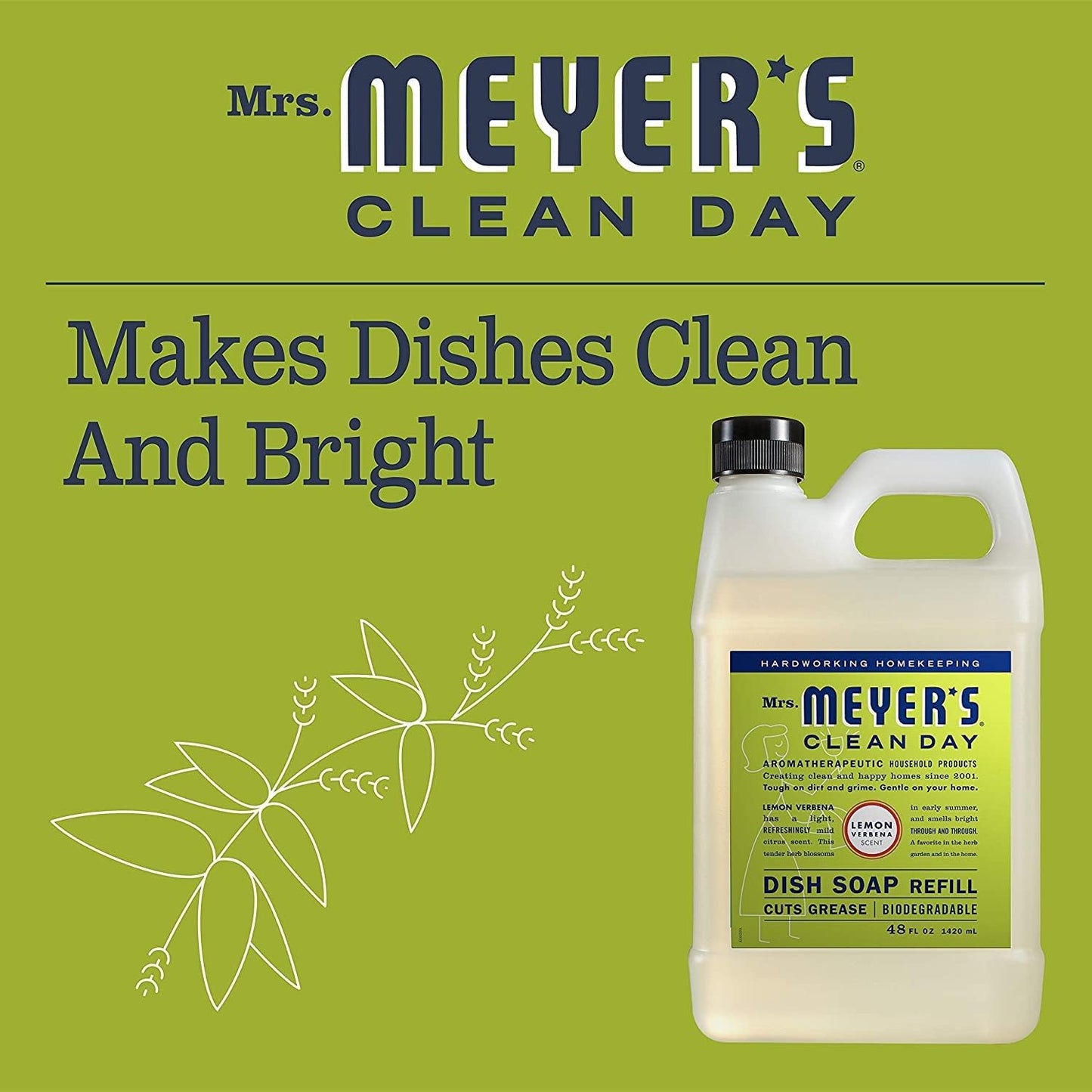 Mrs. MEYER'S CLEAN DAY Liquid Dish Soap Refill Lemon Verbena, 48 Fl Oz. (Pack of 6)
