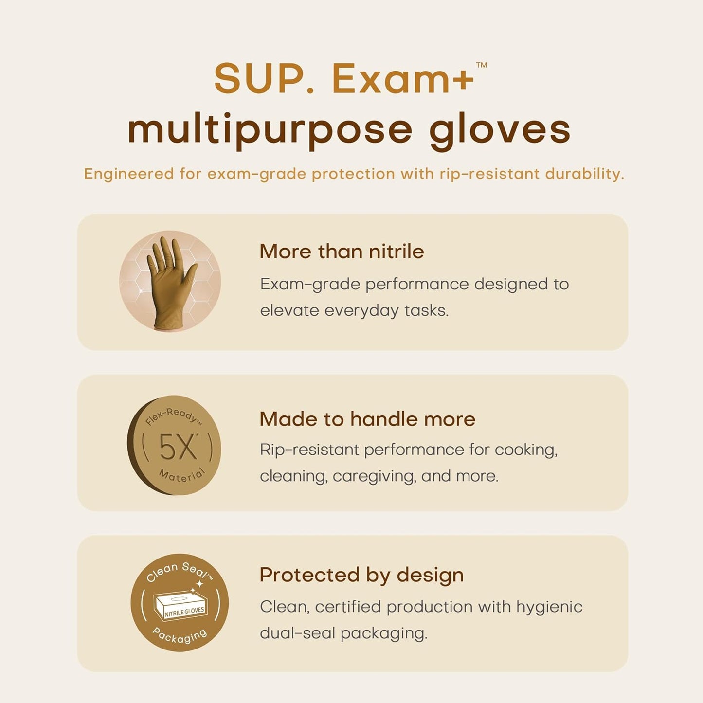 SUP Powder-Free Nitrile Gloves, 100 Count Food Safe Latex-Free Disposable Gloves for Medical Cooking Cleaning Food Prep, Tan