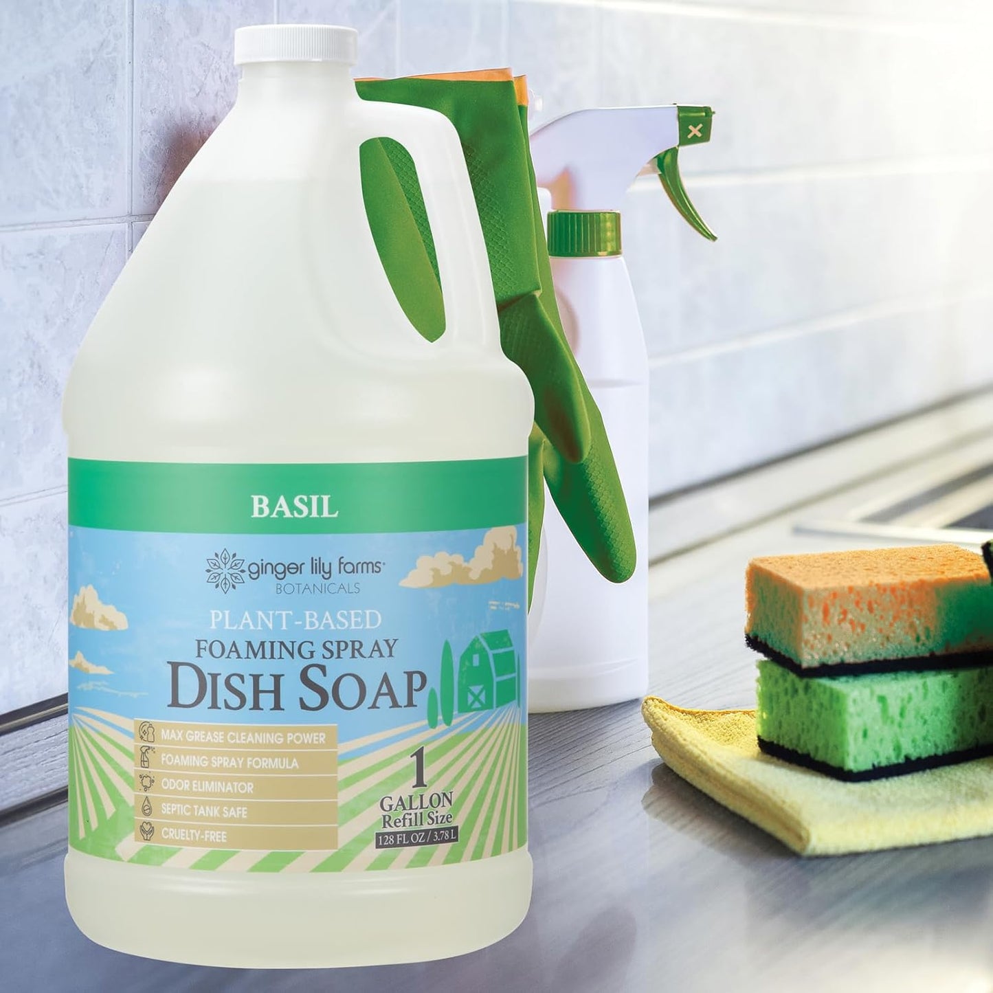 Ginger Lily Farms Botanicals Plant-Based Foaming Spray Dish Soap, Concentrated Formula with Max Grease Cleaning Power, Cruelty-Free, Lavender Chamomile Scent, 1 Gallon Refill (128 Fl Oz)