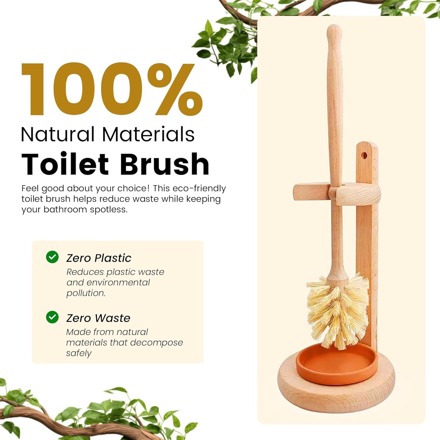 ELDR Supply Toilet Bowl Cleaner Brush with Holder, 14 Inch Extra Long German Beechwood Handle, Strong Hemp Bristles, Ceramic Drip Tray, Biodegradable