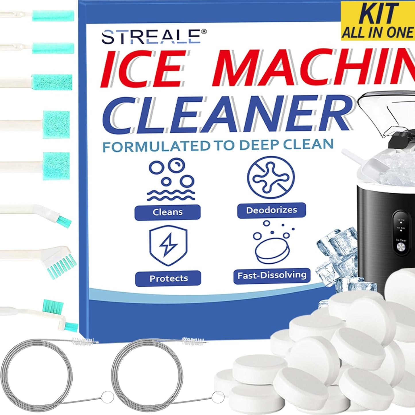 Ice Machine Cleaner Maker and Descaler - 24 Ice Maker Cleaner Tablets Compatible with All Major Brands, Nickel Safe Descaler Countertop Portable Commercial Icemaker Cleaning Solution