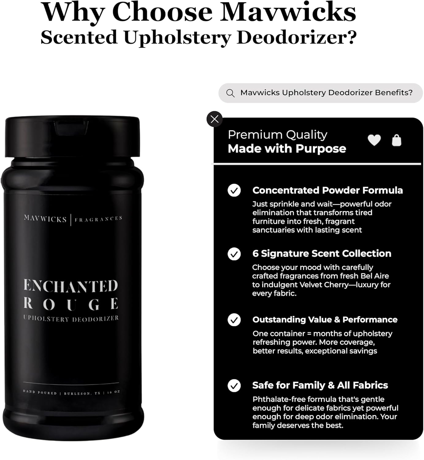 Mavwicks Fragrances - Upholstery Deodorizer (Enchanted Rouge) 16 Oz - Rug, Couch & Carpet Deodorizer - Vacuuming Powder, Pet Safe Carpet Freshener Powder - Odor Eliminator for Home